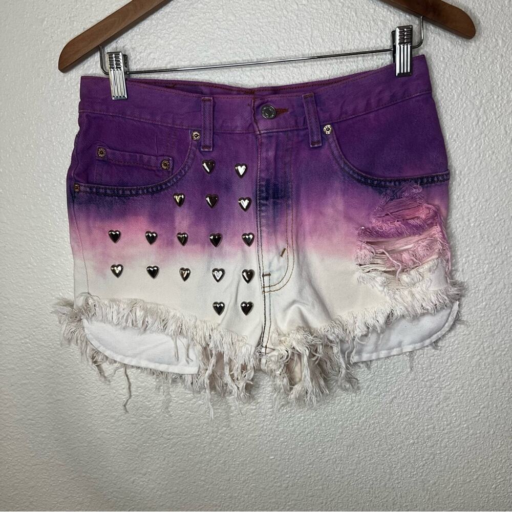 Levi’s 505 CUSTOM purple pink white ombre hearts distressed cutoff shorts W31